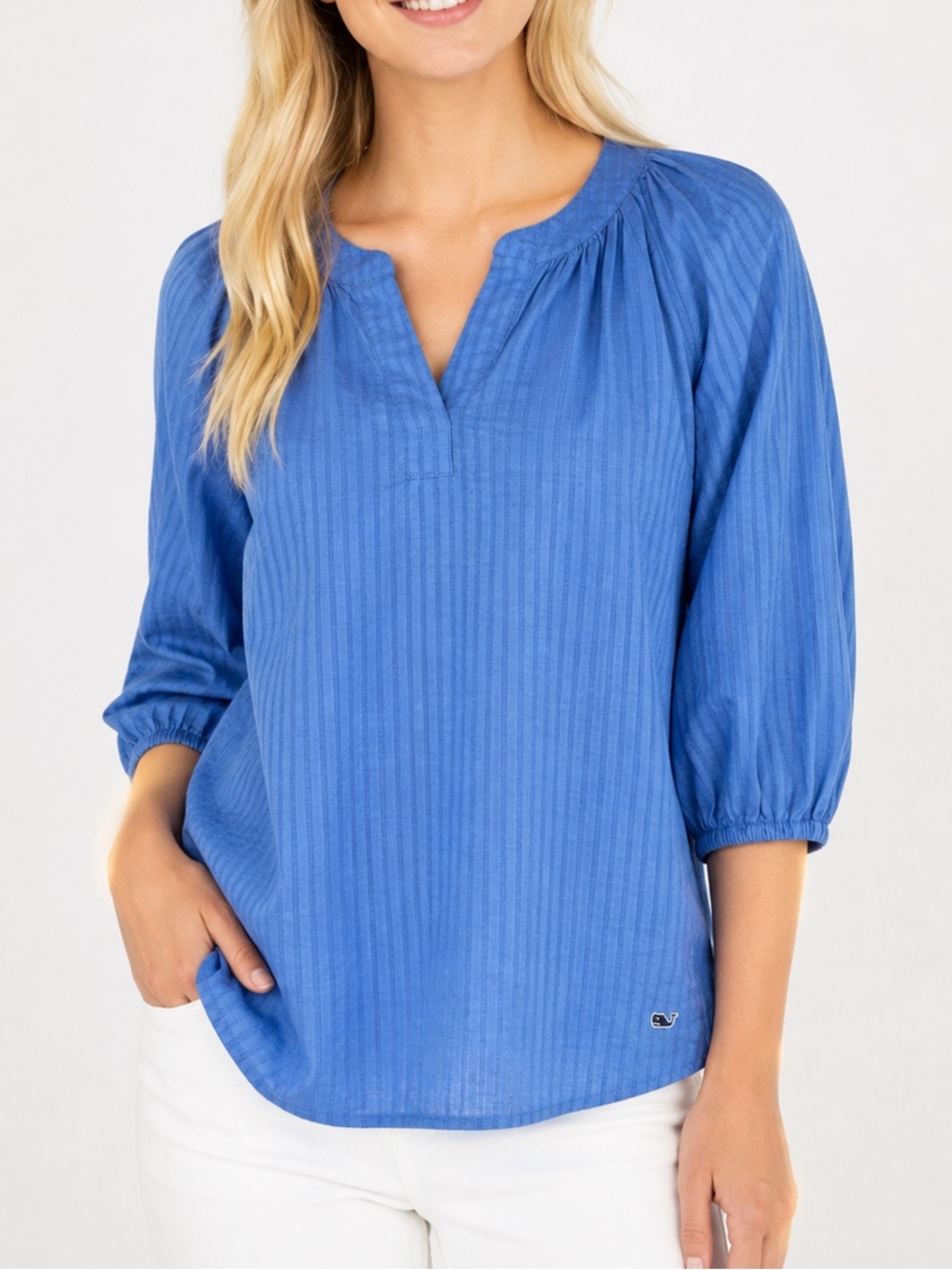 Vineyard Vines Blue Textured Split Neck 3/4 Sleeve Blouse Top Sz XS